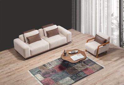Beiges Wohnzimmer Sofaset Exklusiver 2-Sitzer Textilsessel Polster Möbel
