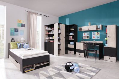 Jugendzimmer Kinderzimmer Komplett - Set F "Aalst", 6-teilig, Eiche / Creme / Sc