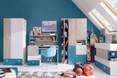 Jugendzimmer Kinderzimmer Komplett - Set C "Aalst", 6-teilig, Eiche / Weiß / Bla