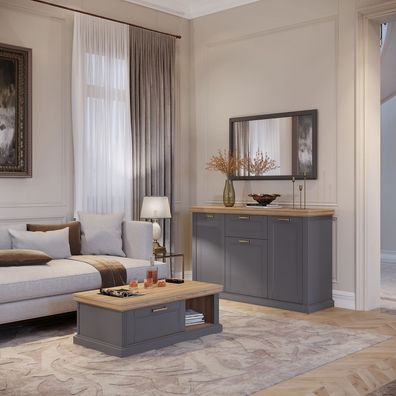 Wohnzimmer - Set D Lotofaga, 3-teilig, Farbe: Grau / Walnuss