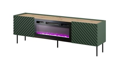 Fernsehschrank Onda 2D Tv-Lowboard Unterschrank 180 cm MDF grün mit Elektrichem Kamin
