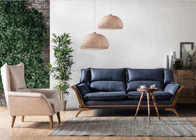 Blau-Weißes Wohnzimmer Sofagarnitur Dreisitzer Luxus Sessel Couch 2tlg