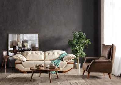 Weiß-Braune Wohnzimmer Couchgarnitur Designer Dreisitzer Luxus Sessel