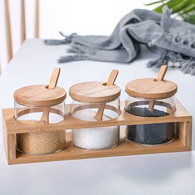 Stilvolles Gewürzdosen-Set aus Bambus & Glas perfekt für Salz, Zucker, Gewürze uvm.