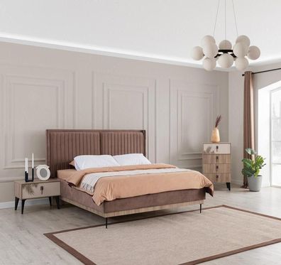 Braunes Schlafzimmer Set Polster Doppelbett 2x Nachttische Holz Kommode