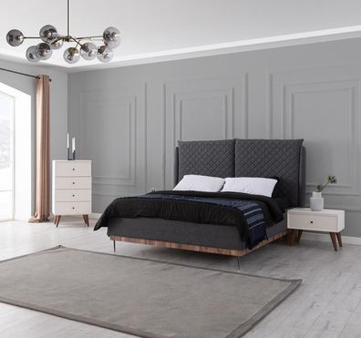 Grau-Weiße Schlafzimmer Garnitur Bett Nachttische 4-Schubladen Kommode