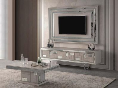 Luxus Wohnwand TV Ständer Wandpanel Couchtisch RTV Lowboard 3tlg Weiß