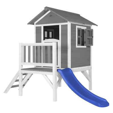 AXI Spielhaus Beach Lodge XL in Grau mit Rutsche in Blau .