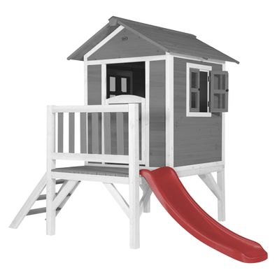 AXI Spielhaus Beach Lodge XL in Grau mit Rutsche in Rot .