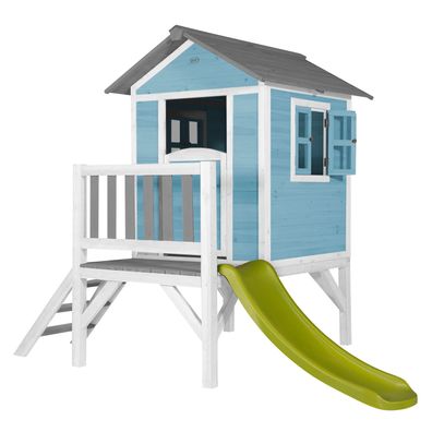 AXI Spielhaus Beach Lodge XL in Blau mit hellgrüner Rutsche .