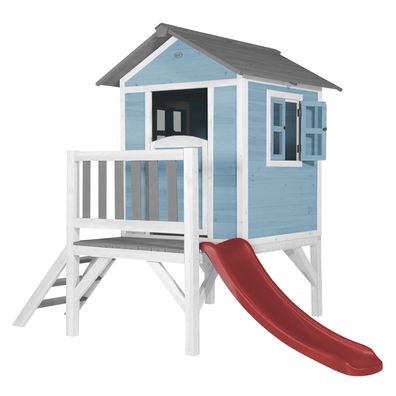 AXI Spielhaus Beach Lodge XL in Blau mit Rutsche in Rot .