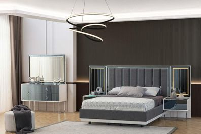Moderne Grau-Weiße Schlafzimmer Möbel Holz Nachttische Doppelbett 5tlg
