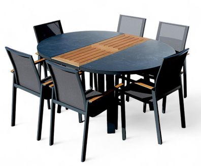 ALEOS. Gartengarnitur Alu TEAK Set Tisch rund 120 -160cm ausziehbar + 6 Stapelstühle
