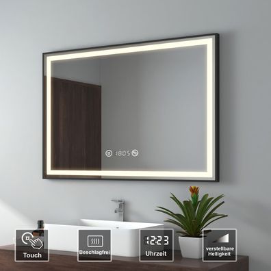 EMKE® Badspiegel LED Beleuchtung Mit Touch Uhr Beschlagfrei Dimmen Bad Wandspiegel