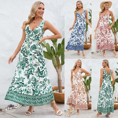 Sexy V-Ausschnitt Slim-Fit Elegantes Kleid Sommer Damen Blumendruck Kleid Langes