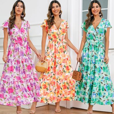 Sommer-Damenkleid mit V-Ausschnitt und Lotusärmeln, bedrucktes Kleid in Übergröße