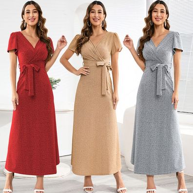 V-Ausschnitt Slim-Fit Kleid Kleid Party Glänzendes Schnürkleid Damen Übergröße