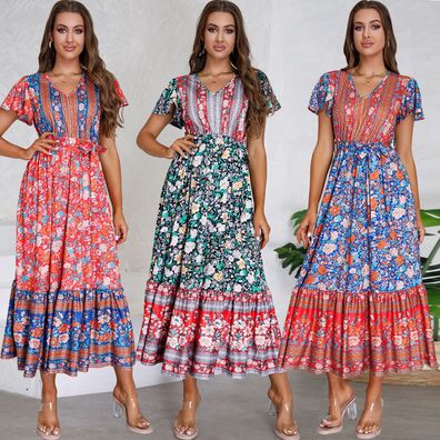 Damen-Sommerkleid mit V-Ausschnitt und Lotusärmeln, Blumendruck, langes Kleid