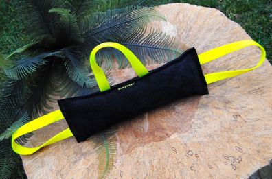 Beißkissen Leder 30 x 10cm, 3 Schlaufen Schwarz/ Neon Dummy Bringsel Hundesport