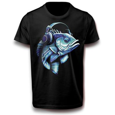 Bass-Fish Barsch Fisch mit Kopfhörer T-Shirt 152 - 3XL Baumwolle Spaß Lustig Musik