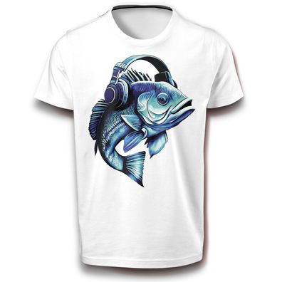 Bass-Fish Barsch Fisch mit Kopfhörer Fun T-Shirt weiß Baumwolle Spaß Lustig Musik