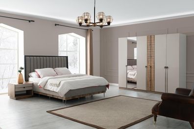 Schlafzimmer Moderne Garnitur Textil Doppelbett Holz Kleiderschrank 4tlg