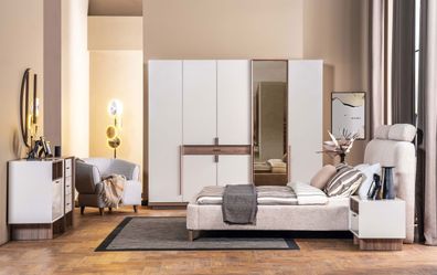 Weißer Schlafzimmer Set Designer Doppelbett Holz 2x Nachttische Schrank
