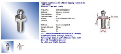 Schrauben M5 x 10 mm Messing vernickelt für LOXX Knopf
