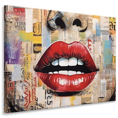 Muralo Leinwandbild Wandbild Frau Gesicht Mund Lippen Zeitungen Abstraktion Wanddeko