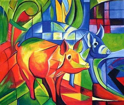 Franz Marc - blaues und rotes Schwein - Leinwandbild auf Keilrahmen