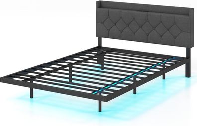 Bett mit LED Beleuchtung & Ladestation, 140 x 200 cm, Polsterbett Doppelbett