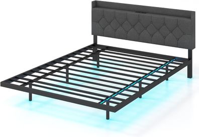 Bett mit LED Beleuchtung & Ladestation, 160 x 200 cm, Polsterbett Doppelbett