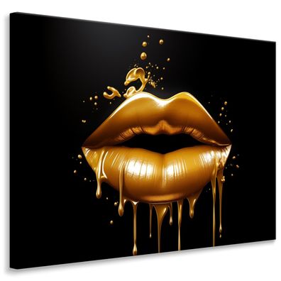 Muralo Canvas Leinwandbild Goldene LIPPEN Mund auf schwarzem Hintergrund Abstraktion