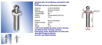 Schrauben M5 x 210 mm Messing vernickelt für LOXX Knopf