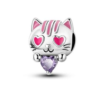 Charms Anhänger Charm kompatibel für Pandora 925 Sterling Silber Katzenkopf mit Herza