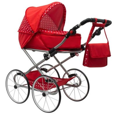Baby Retro Kinderwagen für Puppen 2in1 New Baby Magdalena rot mit Tupfen