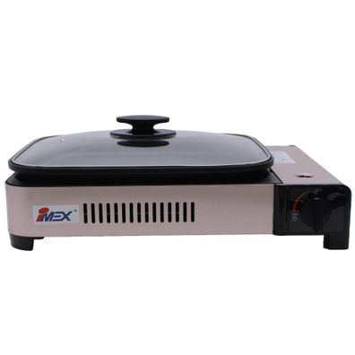 IMEX 2-in-1 Gaskocher und Gasgrill, Grillplatte, Pfanne, Glasdeckel und Koffer