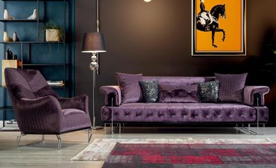 Lila Couch Sofa Garnitur 3 + 1 Sitz Chesterfield Wohnzimmer Polster Möbel