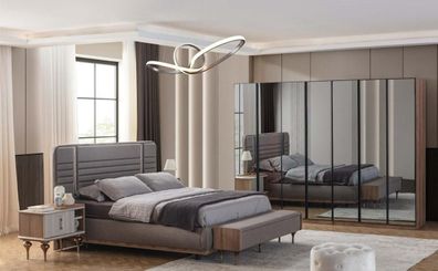 Moderne Schlafzimmer Möbel Garnitur Doppelbett Nachttische Glasschrank