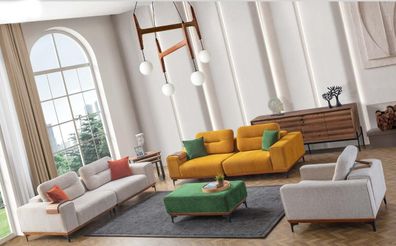 Großes Wohnzimmer Set 3 Textil Sofas Polsterhocker 3x Beistelltische
