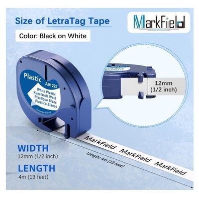 MarkField 12mm x 4m kompatible für Dymo Letratag Etikettenband weiß Schriftband