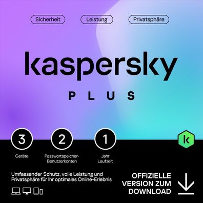 Kaspersky Plus|3 Geräte|1 Jahr stets aktuell|Download|eMail|ESD