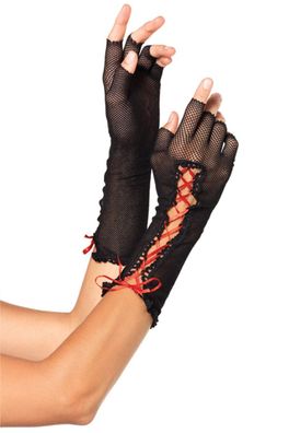 Leg Avenue - schwarze halblange fingerlose Netzhandschuhe mit Schnürung