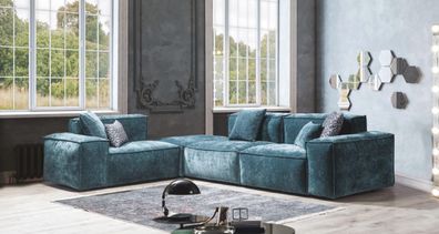 Ecksofa L - Form Blaue Wohnlandschaft Design Couchen Möbel Sofa Couch Stoff Neu