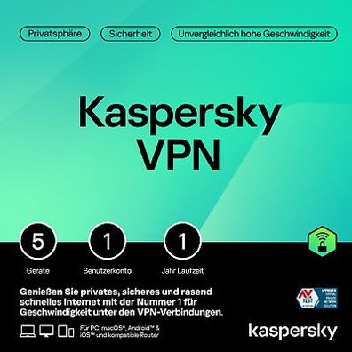 Kaspersky VPN|5 Geräte|1 Jahr|unbegrenztes Datenvolumen|Key per eMail|ESD