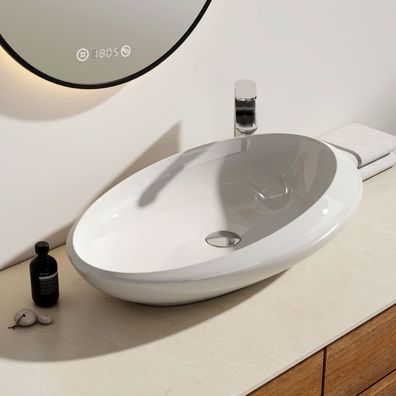 EMKE® Keramik Waschbecken Waschtisch Aufsatzwaschbecken Oval Waschschale Weiß
