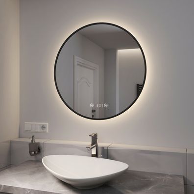 EMKE® LED Badspiegel Rund Spiegel mit Beleuchtung Schwarz Touch Antibeschlage Uhr