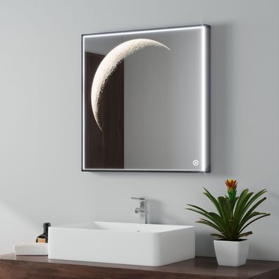 EMKE® Badspiegel Mit LED Beleuchtung Mond Touch Beschlagfrei Uhr Wandspiegel