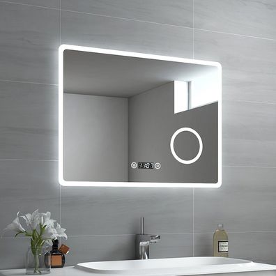 EMKE® LED Badspiegel 80x60cm badezimmerspiegel Wandspiegel Uhr Beschlagfrei