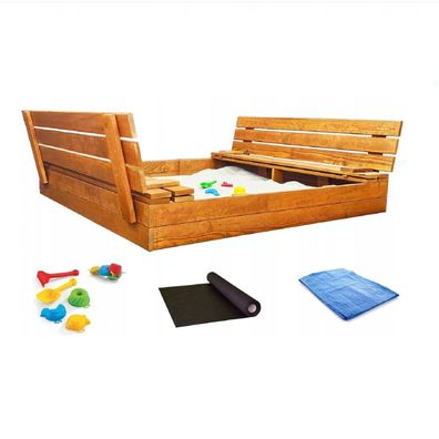 Sandkasten aus Holz mit Sitzbank Abdeckung Imprägniert Kinder Sandbox 120cm 10790